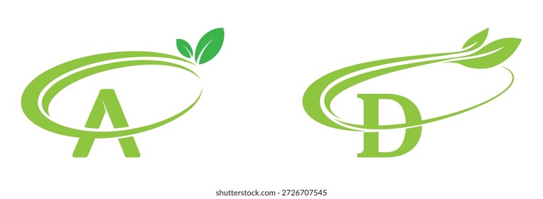 Grünblättrige Logodesigns mit den Buchstaben A und D. Anfangsbuchstabe D und A-Blattlogo. Umweltfreundliches Logo-Konzept. Modernes Vektorlogo für ökologische Geschäfts- und Unternehmensidentität