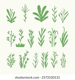 Green Leafy Plants. A collection of stylized green leafy plants and branches. Simple and clean botanical illustrations featuring various shapes of leaves and foliage