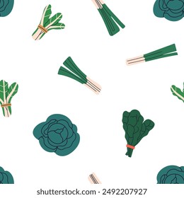 Green leafy vegetable pattern. Seamless background, vegetarian healthy fresh food. Organic farm eating, cabbage, chard, scallion. Repeating print, natural texture design. Flat vector illustration