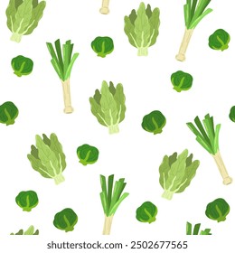 Green leafy vegetable pattern. Seamless background, vegetarian healthy fresh food. Organic farm eating, cabbage, chard, scallion. Repeating print, natural texture design. Flat vector illustration