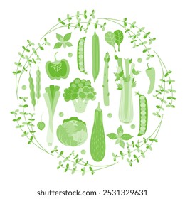 Verduras folhosas verdes em uma armação, etiqueta redonda. Conceito de estilo de vida saudável, nutrição adequada. Ilustração vetorial para cartaz, folheto, cartão postal, cartão de visita, adesivo, design de site.