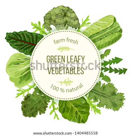 Green leafy vegetables, Round label, text, copt space. farm fresh Spinach, Dandelion, broccoli, Romaine Lettuce, kale, Collard. Can be used for cooking, bakery, tags labels textile cards icons web