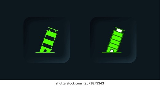 Green Leaning tower in Pisa icon isolated on black background. Italy symbol. Black square button. Vector