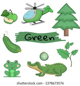 Green. Learn the color. Education set. Illustration of primary colors. Vector illustration with a picture of helicopter, Christmas tree, crocodile, Apple, cucumber, frog