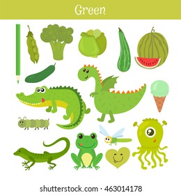 Green. Learn the color. Education set. Illustration of primary colors. Vector illustration