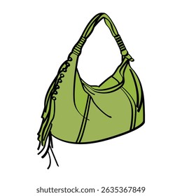 Saco de hobo de couro verde com borlas decorativas e costura detalhada isolado
