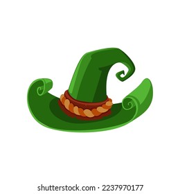 Green leather witch hat cartoon illustration. Halloween carnival headdress or costume element, magician, wizard, sorcerer hat. Holiday, party, masquerade, witchcraft, fantasy concept