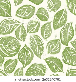 Green leave pattern, woodcut print, white background.  leave seamless pattern, Vector illustration background for print the paper.