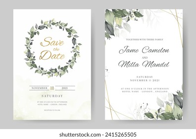 Green leave watercolor background invitation template. Gold frame. Greeting card. 