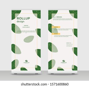Green leaves Abstract Shapes Modern Exhibition Advertising Trend Business Roll Up Banner Stand Poster Brochure flat design template creative concept. Green leaves Roll Up EPS. Presentation Cover