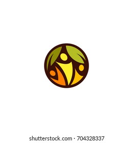 Green leaves with abstract silhouette of yellow, orange and red color peoples in the dark circle. Health promotion sign. Family tree icon. Healthcare lifestyle logo. Proper nutrition label