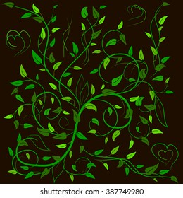 Green leaves with abstract swirls, leaves and heart on a white background. Can be used as a background, decor, decoupage, textile, invitation.