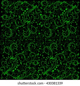 Green leaves with abstract swirls, leaves and heart on a black background. Can be used as a background, decor, decoupage, textile, invitation.