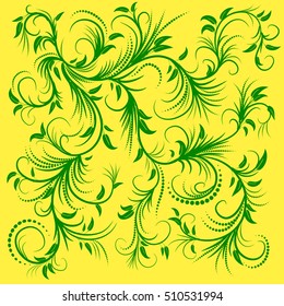 Green leaves with abstract swirls on a yellow background. Can be used as a background, decor, decoupage, textile, invitation.