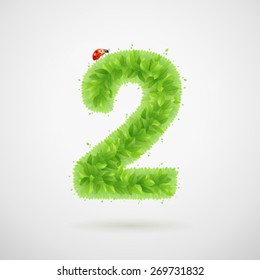 Green leaves alphabet with ladybird. Ecology summer illustration. Number 2