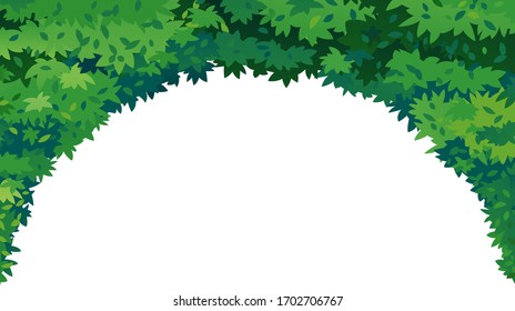 Green leaves arch on top isolated illustration, tunnel of green foliage decorative composition, dense vegetation of the leaves, canopy of leaves