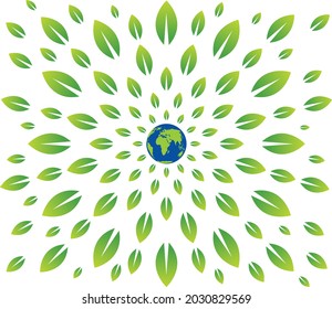 Green leaves around the earth. Green Environment concept. vector illustrations