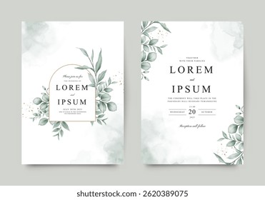 Green leaves arranged elegant wedding invitation card template