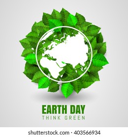 Green leaves background a circle shape with globe Earth Day. Planet earth consists of leaves, green planet, think green. Vector illustration