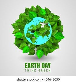 Green leaves background a circle shape with globe Earth Day. Planet earth consists of leaves, green planet, think green. Vector illustration