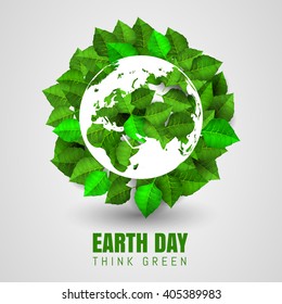Green leaves background a circle shape with globe Earth Day. Planet earth consists of leaves, green planet, think green. Vector illustration
