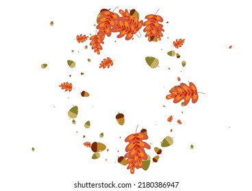 Green Leaves Background White Vector. Foliage November Design. Gold Leaf. Floral Texture. Yellow Oak Natural.
