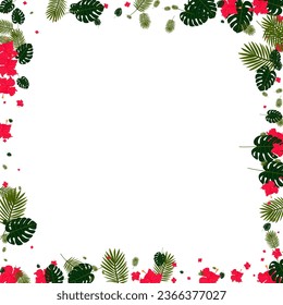 Green Leaves Background White Vector. Foliage Popular Design. Pink Philodendron. Surf Pattern. Orange Garden Frame.