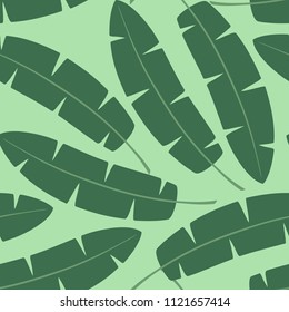 green leaves of banana palm tree on a green background tropical exotic hawaii summer seamless pattern vector.