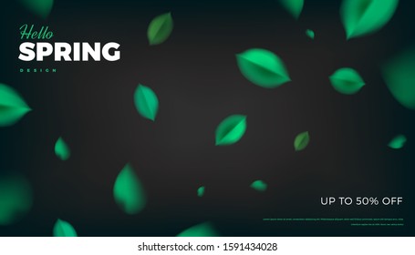 Green leaves banner background, spring black vector design