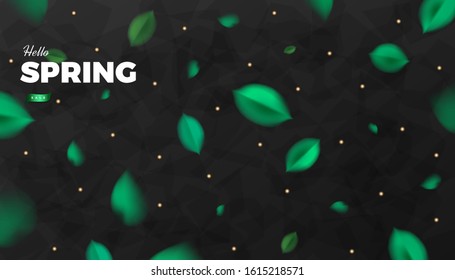 Green leaves banner background, spring black vector design