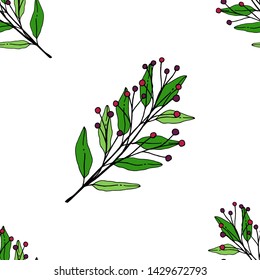 Green leaves with berry seamless pattern. Free hand vector illustration. Vector seamless background with tree branches. Fashion background for wallpaper, scrap booking and textile.