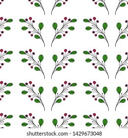 Green leaves with berry seamless pattern. Fashion background for wallpaper, scrap booking and textile. Free hand vector illustration. Vector seamless background with tree branches.