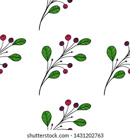 Green leaves with berry seamless pattern. Fashion background for wallpaper, scrap booking and textile. Free hand vector illustration. Vector seamless background with tree branches.