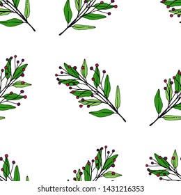 Green leaves with berry seamless pattern. Vector seamless background with tree branches. Fashion background for wallpaper, scrap booking and textile. Free hand vector illustration.