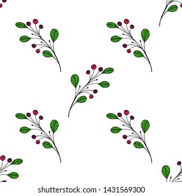 Green leaves with berry seamless pattern. Fashion background for wallpaper, scrap booking and textile. Free hand vector illustration. Vector seamless background with tree branches.