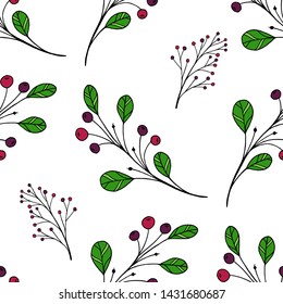 Green leaves with berry seamless pattern. Free hand vector illustration. Vector seamless background with tree branches. Fashion background for wallpaper, scrap booking and textile.