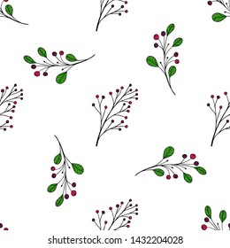 Green leaves with berry seamless pattern. Free hand vector illustration. Vector seamless background with tree branches. Fashion background for wallpaper, scrap booking and textile.