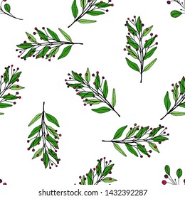 Green leaves with berry seamless pattern. Free hand vector illustration.  Fashion background for wallpaper, scrap booking and textile. Vector seamless background with tree branches.