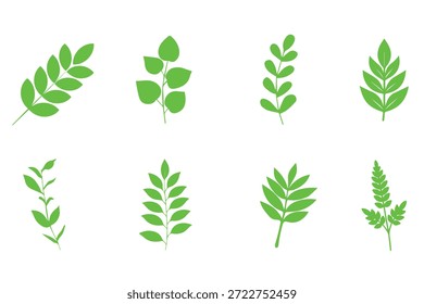 Grüne Blätter große Vektorsammlung - Satz von grafischen Elementen mit verschiedenen Blattdesigns in verschiedenen Formen und Größen. Flaches Design mit weißem Hintergrund	
