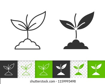 Green Leaves black linear and silhouette icons. Thin line sign of sprout. Grass outline pictogram isolated on white, green, transparent background. Vector icon of green leaves simple symbol closeup