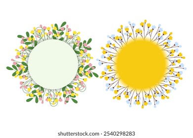 Green leaves, blossom twigs and flowers Circle frames Set of 2. Spring greeting template Copy space