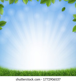 Hojas Verdes Con Fondo Azul Y Grasa Verde Con Malla De Gradiente, Ilustración Vectorial