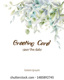 Green leaves boho card Vector watercolor. Summer round and vertical botanical greetings. Elegant botany poster