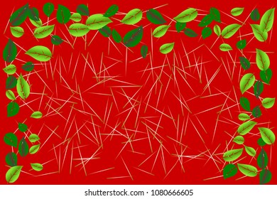 Green leaves border frame over tiny wood sticks textured on red colored background. Vector illustration, EPS 10. Use as wallpaper for graphic design, invitation / greeting card, presentation slide.