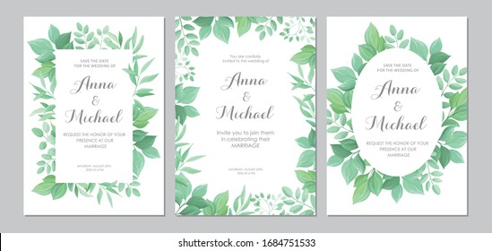 Green leaves border. Wedding invitations set. Floral design card template. Vector illustration.
