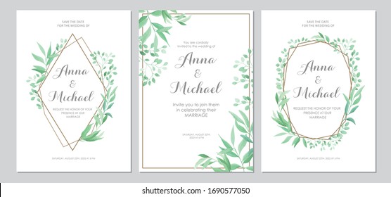 Green leaves border. Wedding invitations set. Floral design card template. Vector illustration.