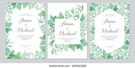 Green leaves border. Wedding invitations set. Floral design card template. Vector illustration.