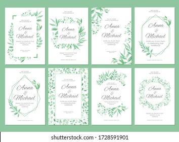 Green leaves border. Wedding invitations set. Floral design card template. Vector illustration.