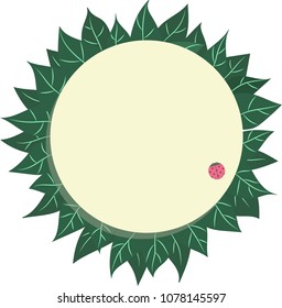 Green leaves border with yellow circle and ladybug vector. Cute ladybug on leaf vector. Leaves frame vector.