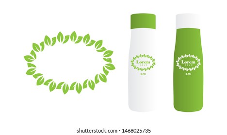 green leaves, bottle and label. vector